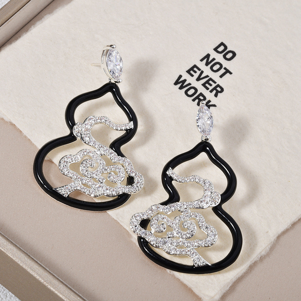 Full Diamond Auspicious Clouds Black Oil Dripping Gourd Earrings
