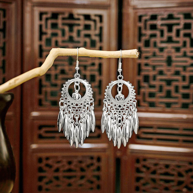 Miao Sier Ethnic Style Peacock Bell Tassel Hollow Leaves Cute Rings