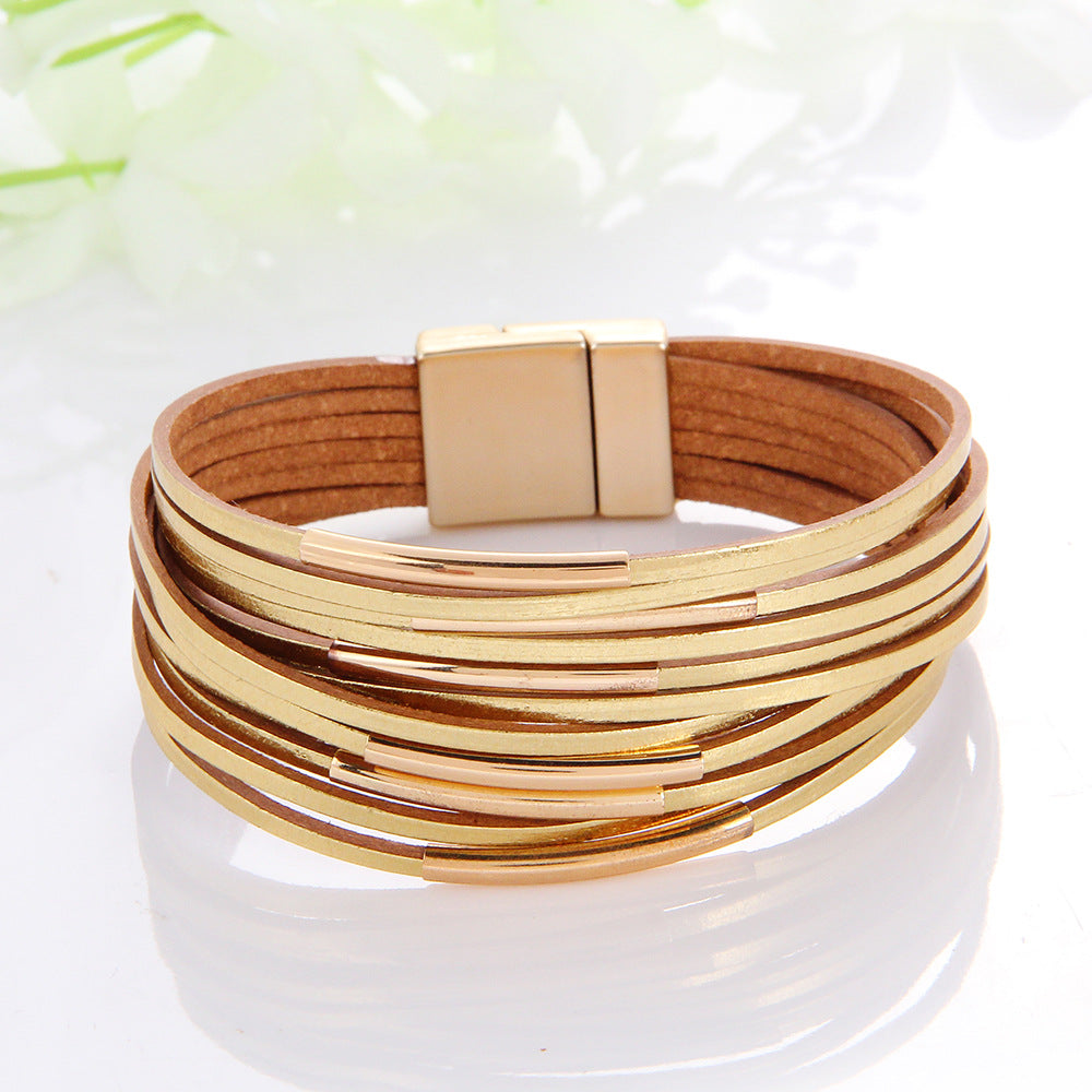 Women's Wide Brim Magnetic Snap Leather Fashion Bracelets