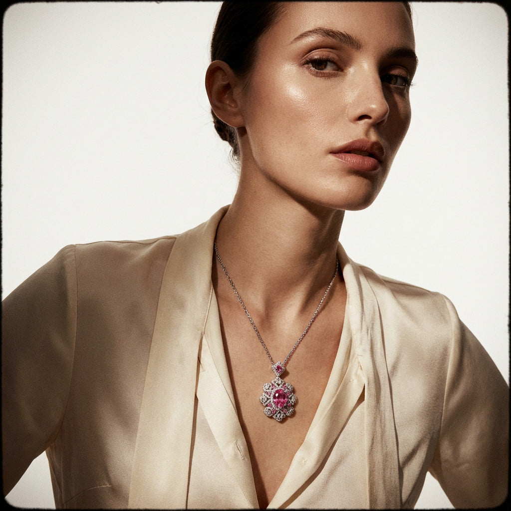 Women's Live Broadcast Secret Garden Romantic Pink Corundum Full Diamond Blue Jewelry Set
