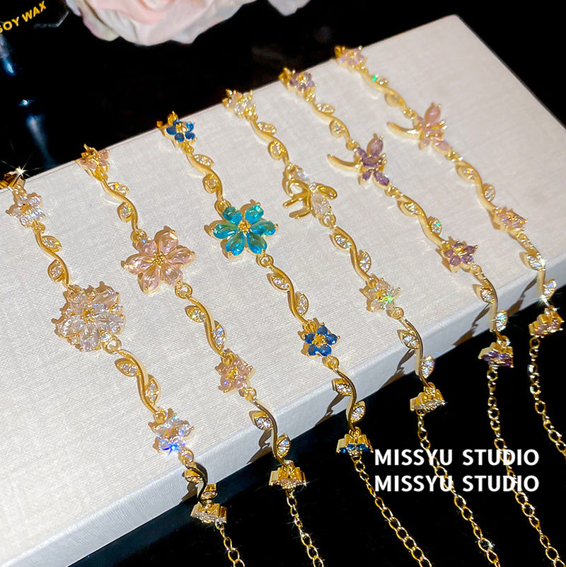 Lolita Sweet Gem Flower Dragonfly Light Luxury High-grade Zircon Real Bracelet
