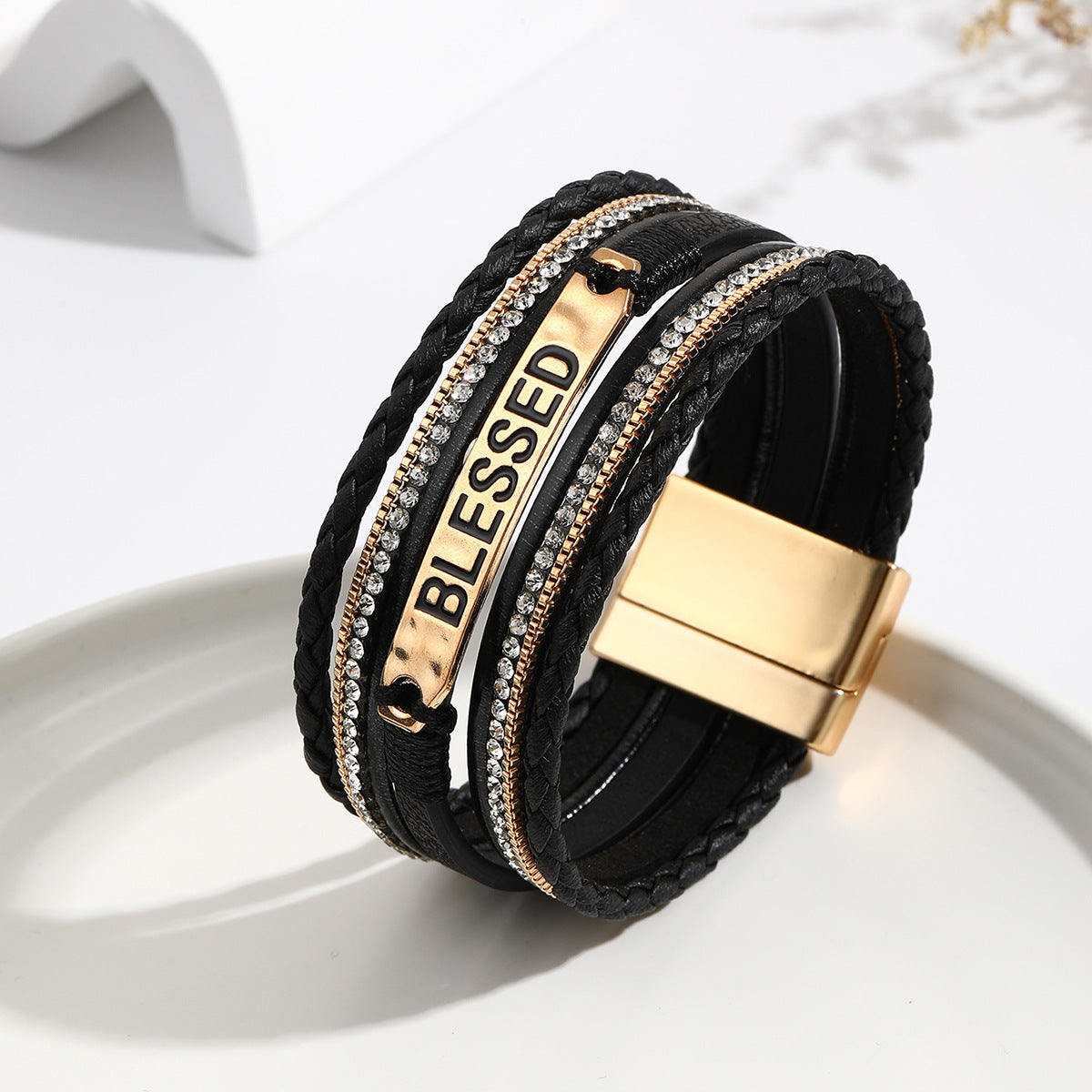 Style Leather Carrying Strap Alloy Multilayer Diamond Bangle Bracelets