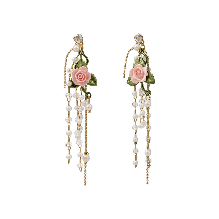 Women's Bead Flower Tassel Light Luxury High-grade Vacation Style Earrings