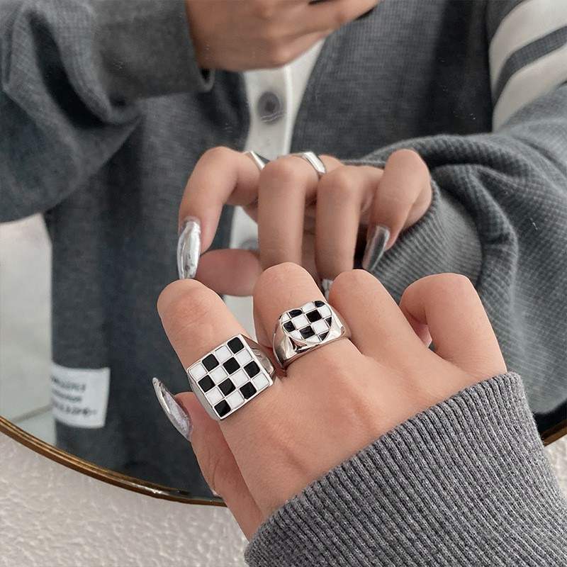 Chessboard Plaid Drip Glazed Open Female Summer Niche Design Cold Ring