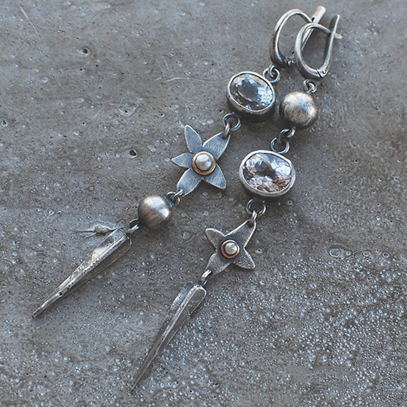Geometric Ancient Sier-plated Long Rhinestone Tassel Retro Ear Hook