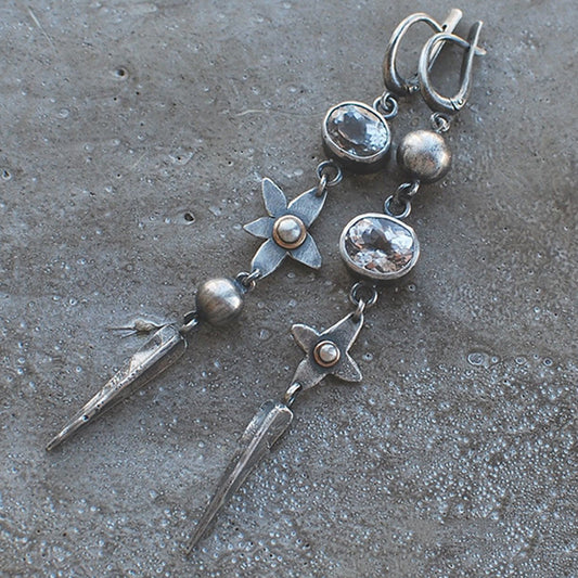 Geometric Ancient Sier-plated Long Rhinestone Tassel Retro Ear Hook