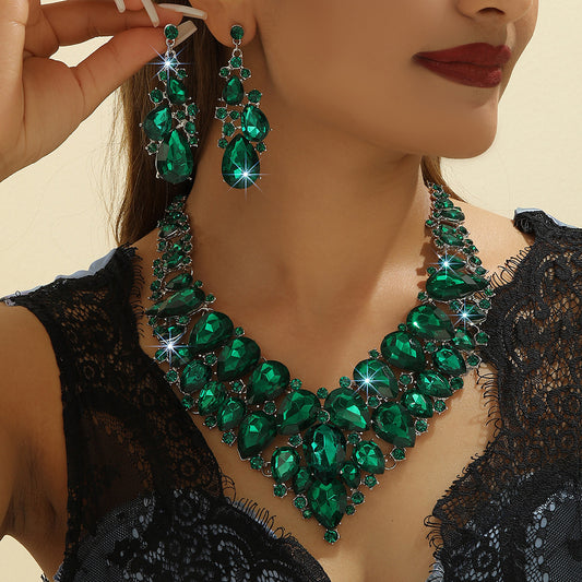 Women's High Profile Generous Green Crystal Suite Bridal Wedding Rings