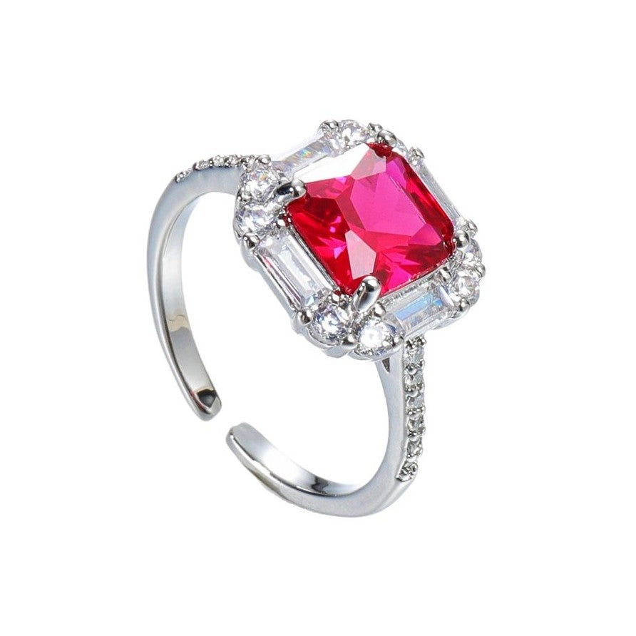 Luxury Fashion Square Synthetic Red Corundum Emerald Blue Pointed Crystal Ring