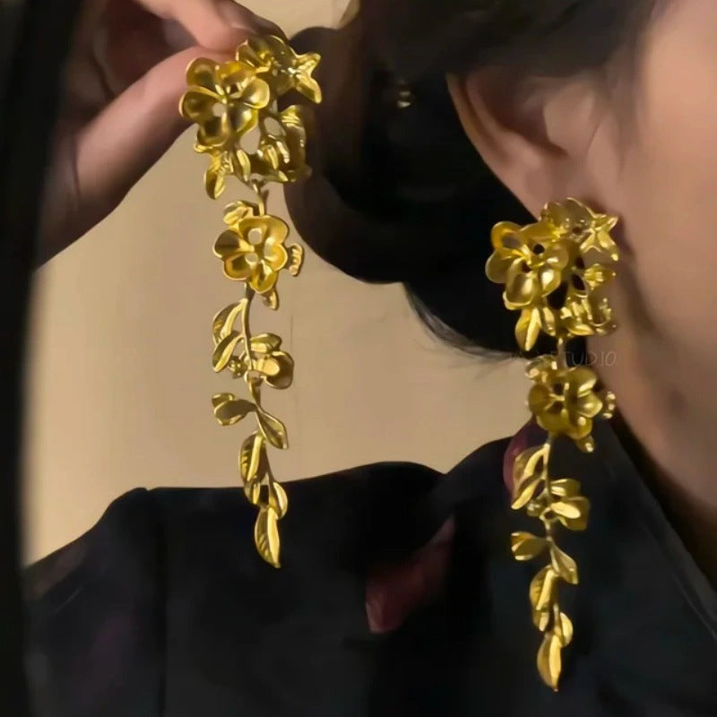 Women's Chinese Style National Burning Blue Beads Long Fringe Niche Retro Earrings