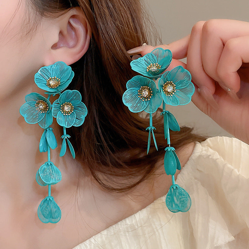 Women's Fresh Blue Fabric Flower Tassel Seaside Vacation Style Light Stud Earrings