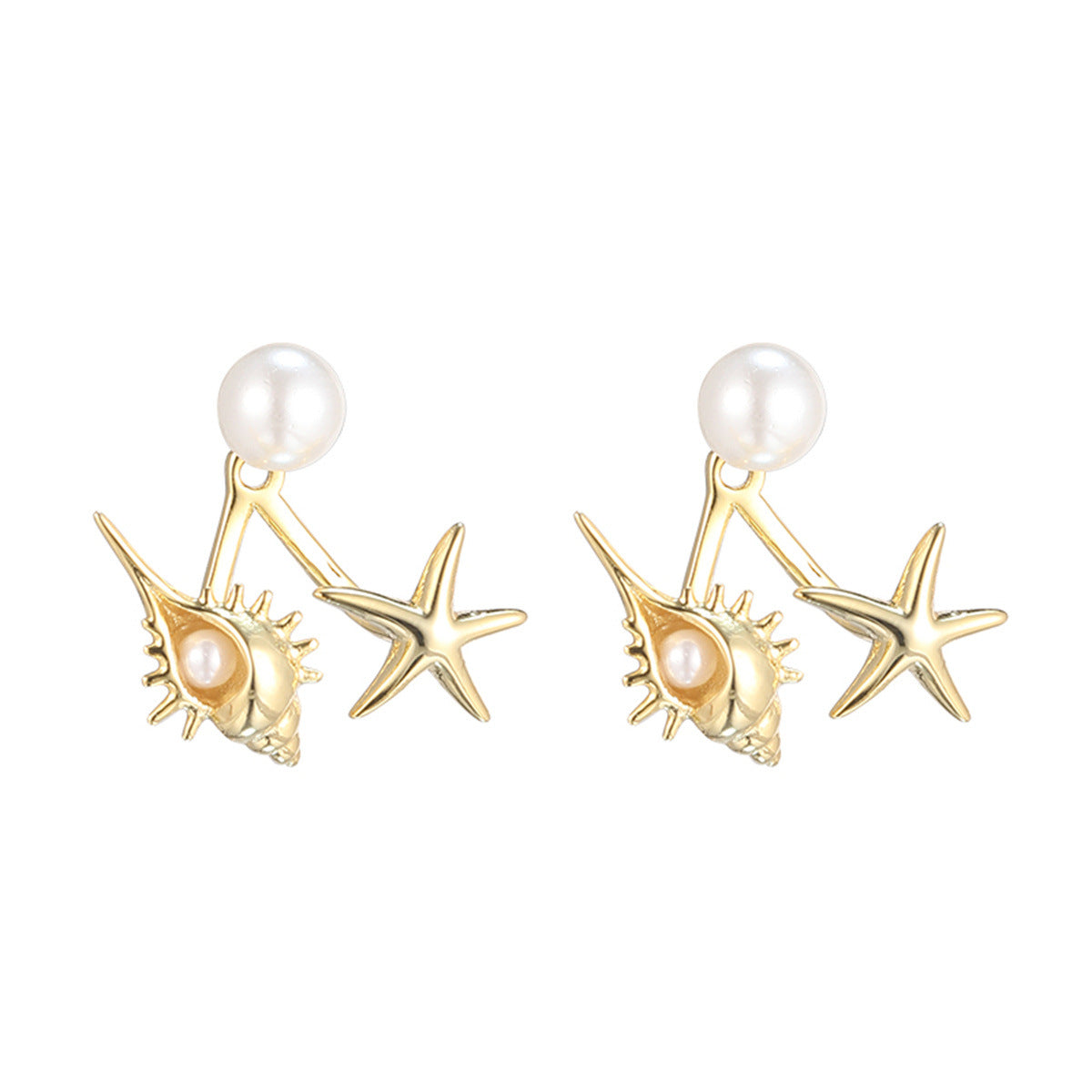 Women's Sier Pearl Unique Niche Starfish Conch Design Earrings