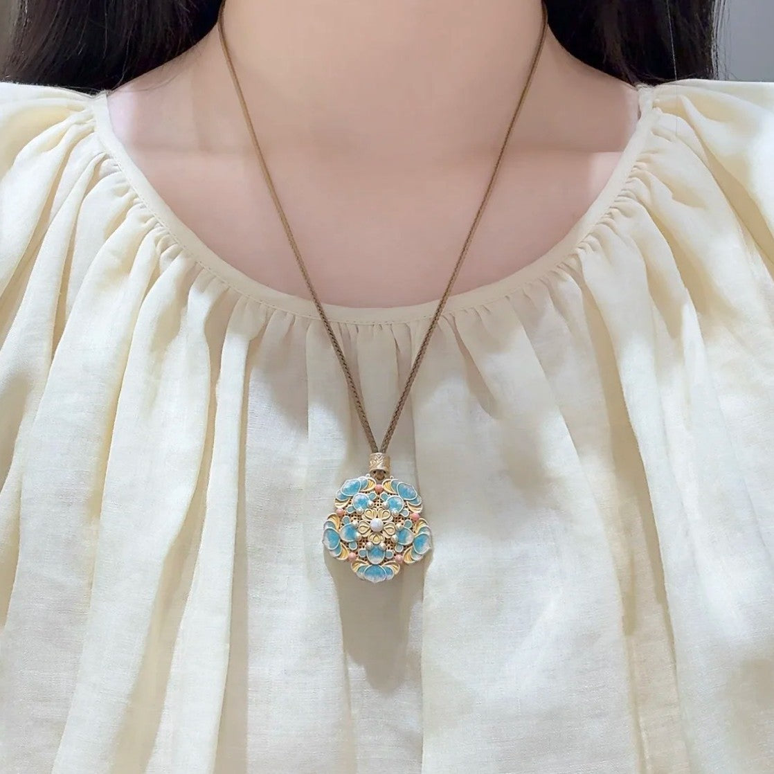 Women's Chinese Style Koi Flower Enamel Gold Sweater Chain Necklace