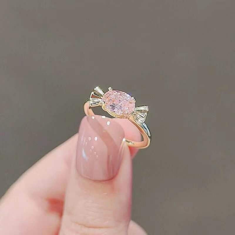 Cute Pink Candy Bow Female Light Luxury Minority Opening Adjustable Rings