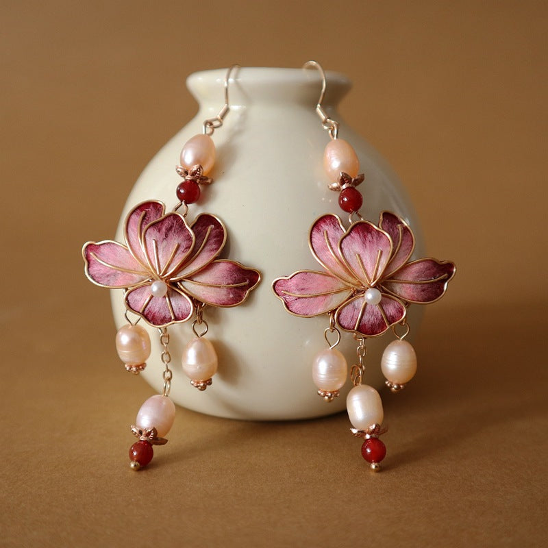 Gradient Color Veet Flower Chinese Style Skirt Petals Fresh Water Earrings