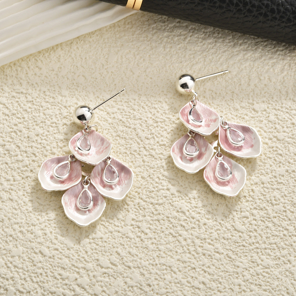 Petal Fringe Zircon Ear Fresh Sweet Mori Fairy Style Earrings