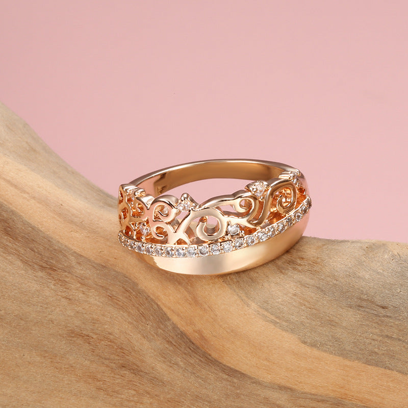 Women's Korean Style Popular Rose Gold Zircon Court Design Crown Rings