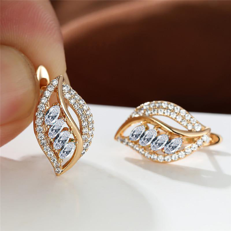 Green Empty Female Champagne Gold Four Diamond Leaf Micro High Stud Earrings