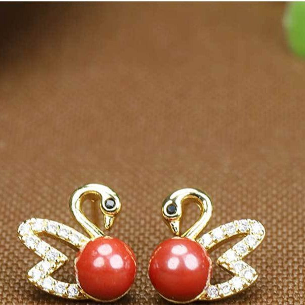 Purple Gold Sandstone Inlaid Ear Cherry Cinnabar Swan Female Earrings