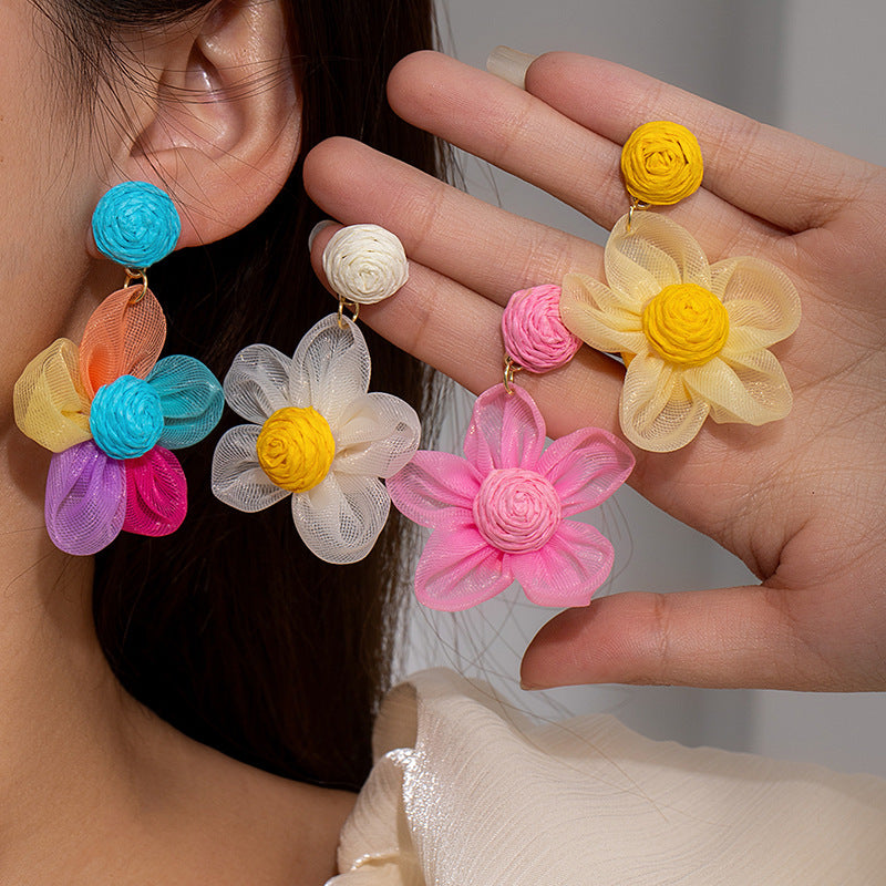 Super Fairy Dopamine Color Organza Raffia Flower Female Sweet Fresh Earrings