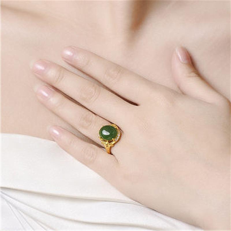 Ethnic Style Gold Plated Inlaid Imitation Jade With Green Chalcedony Rings