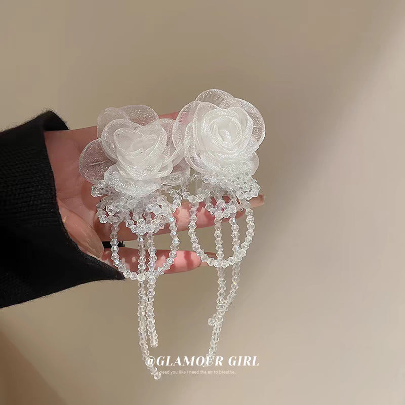 Women's Organza Flower Crystal Tassel Trendy Long Earrings