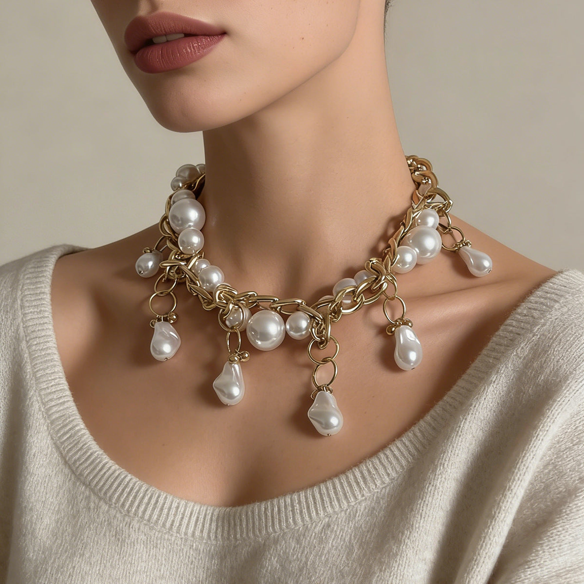 Imitation Pearl Geometric Woven Exaggerated Chain Necklaces