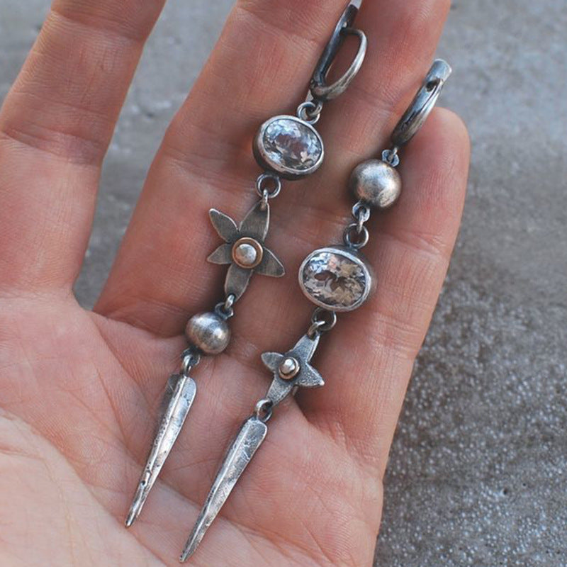 Geometric Ancient Sier-plated Long Rhinestone Tassel Retro Ear Hook