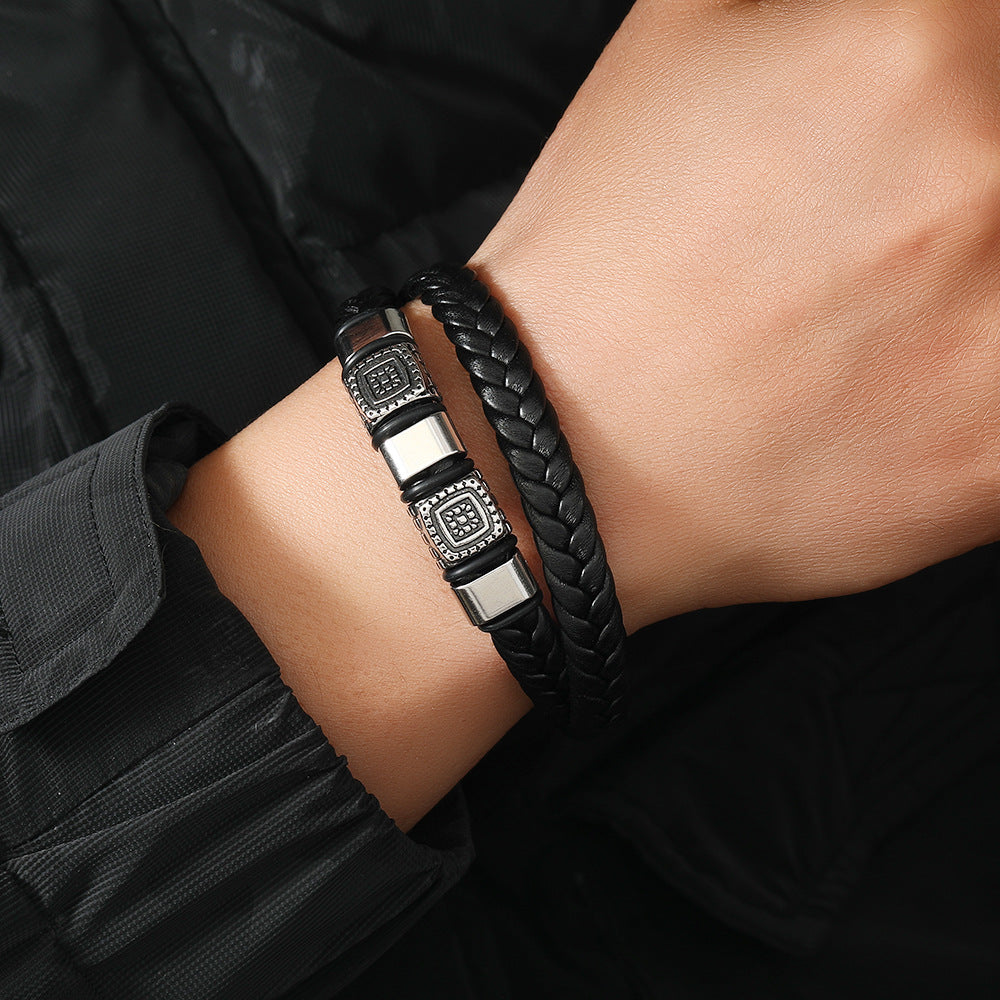 Personality Geometry Square Pattern Leather Magnetic Buckle Alloy Bracelet