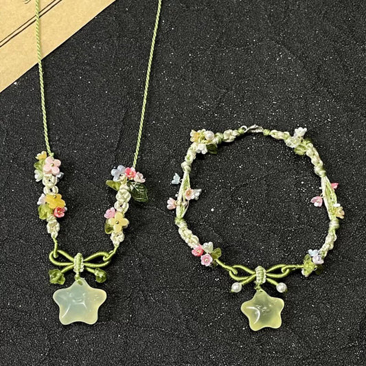 Summer Frozen Stars Green Crystal Colorful Small Flower Woven Carrying Necklaces