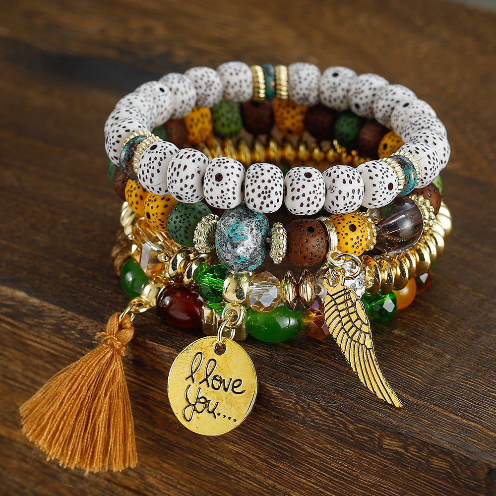 Combination Buddha Beads Simple Disc Heart Wings Tassel Bracelet
