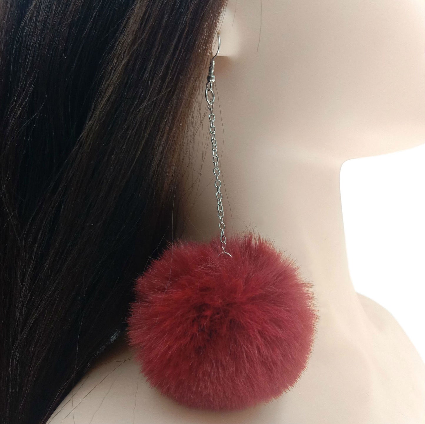 Plush Fur Ball Ear Hook Ethnic Style Popular Sier Chain Earrings