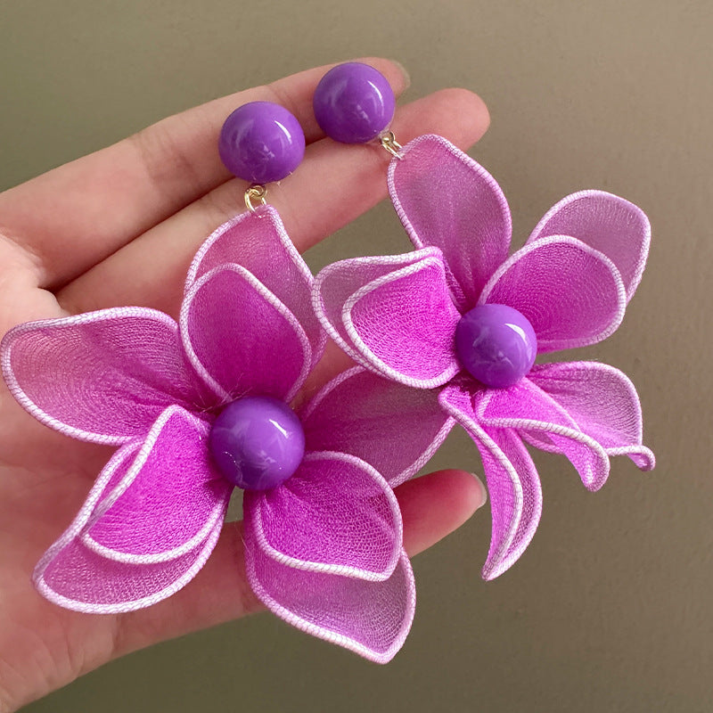 Gorgeous Temperament Exaggerated Purple Tulle Flower Western Style Earrings