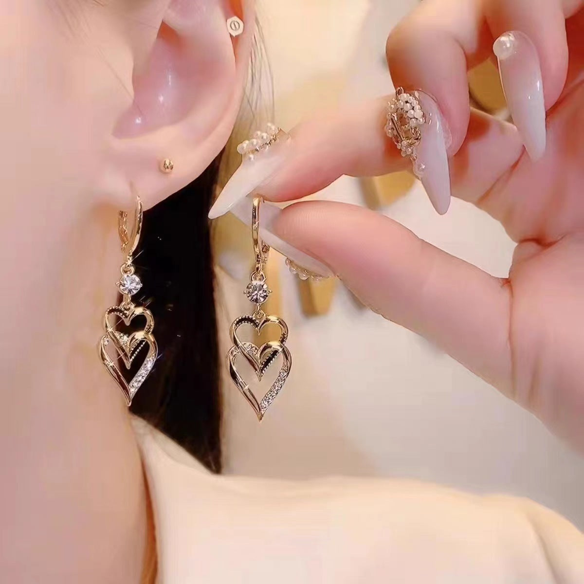 Double Love Heart Small Versatile Temperamental Fashionable Stud Earrings