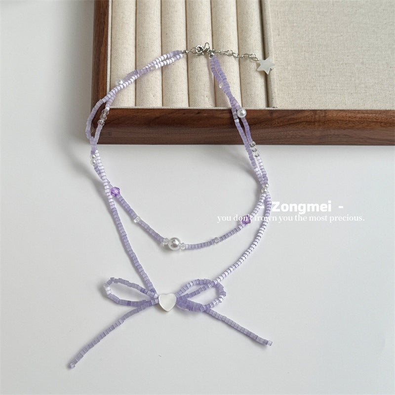 Women's Atmosphere Design Beaded Bow Love For Versatile Korean Style Cute Necklace