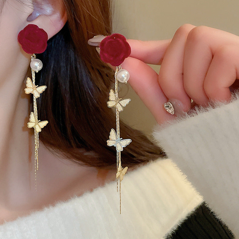 Red Bow Flower Light Luxury Christmas Earrings