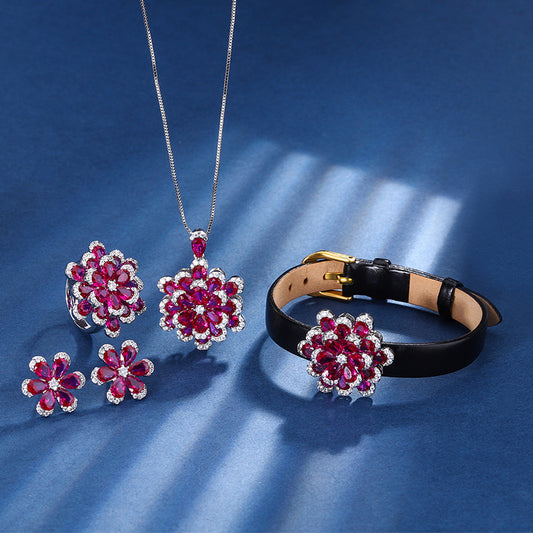Women's Flower Advanced Light Luxury Three-piece Suit Jewelry Set