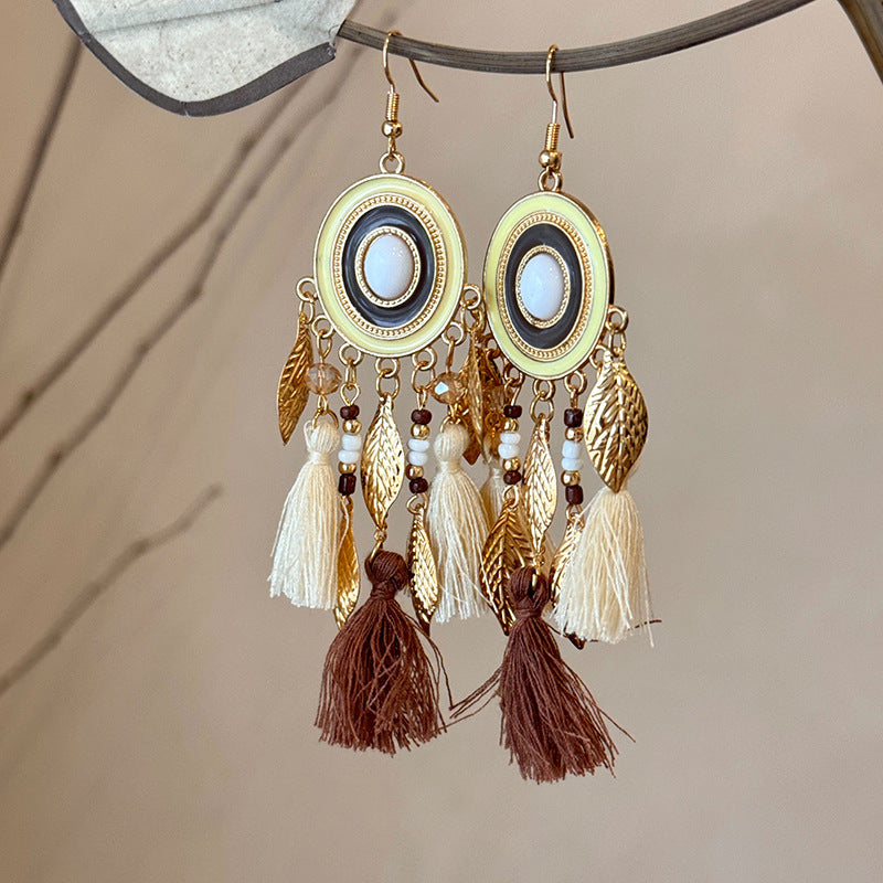 Feather Bead Tassel Niche Retro Vacation Earrings