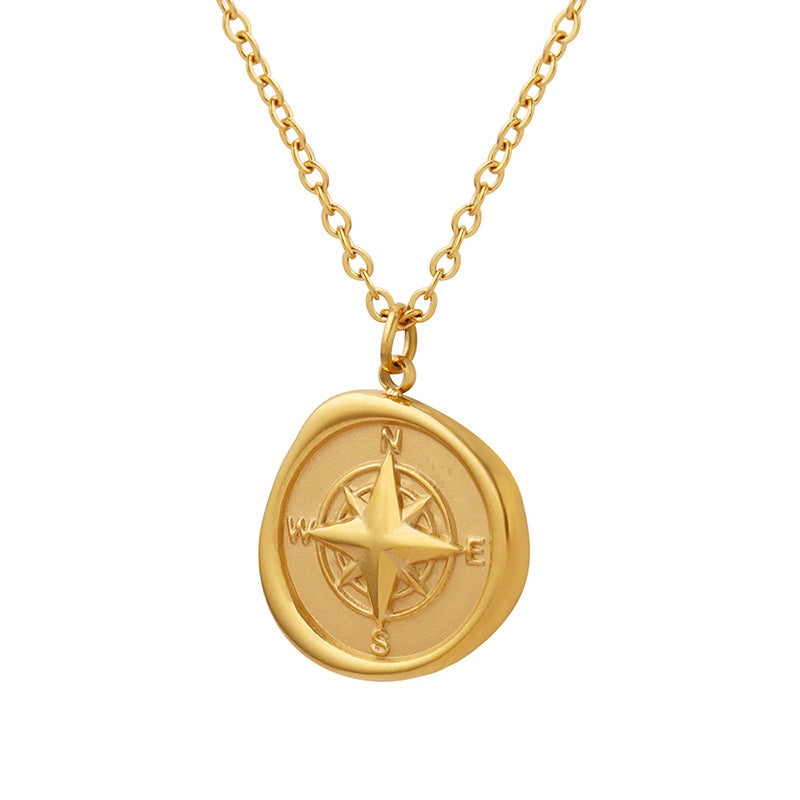 Round Compass Design Titanium Steel Gold-plated Necklace
