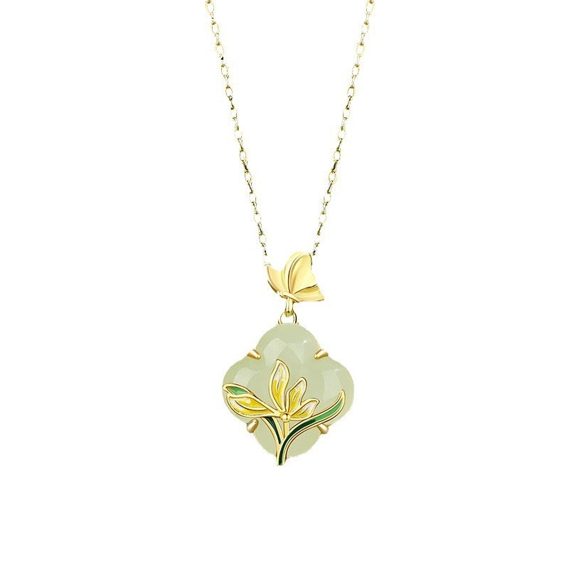 Women's Imitation Jade Magnolia Copper Drop Chinese Necklace