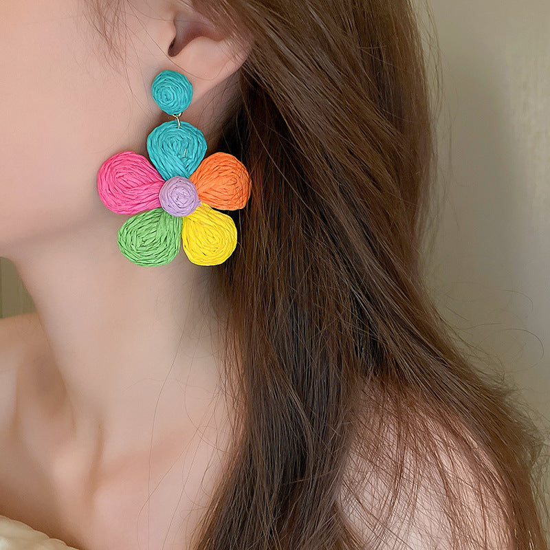 Style Sier Needle Resin Rattan Beads Round Fashion Earrings