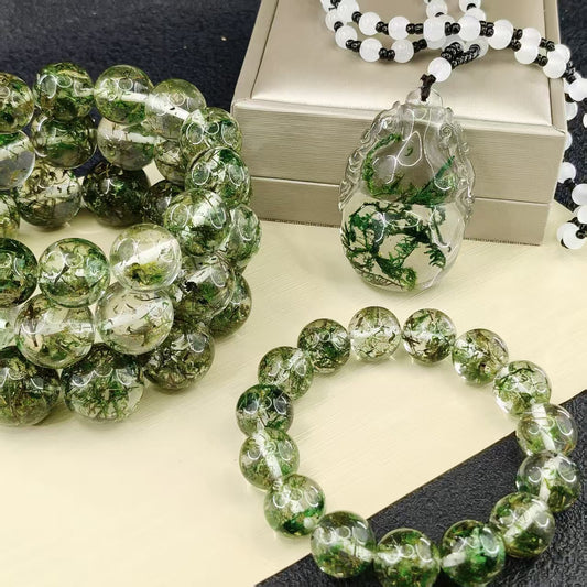 Women's & Men's Green Phantom Second Generation Amber Round Beads Grass Resin Live Bracelets