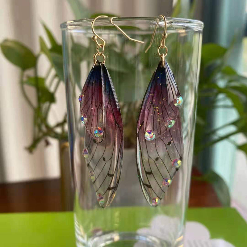 Women's Sier Cicada Wings Ear Hook Butterfly Temperamental Fairy Long Eardrop Earrings