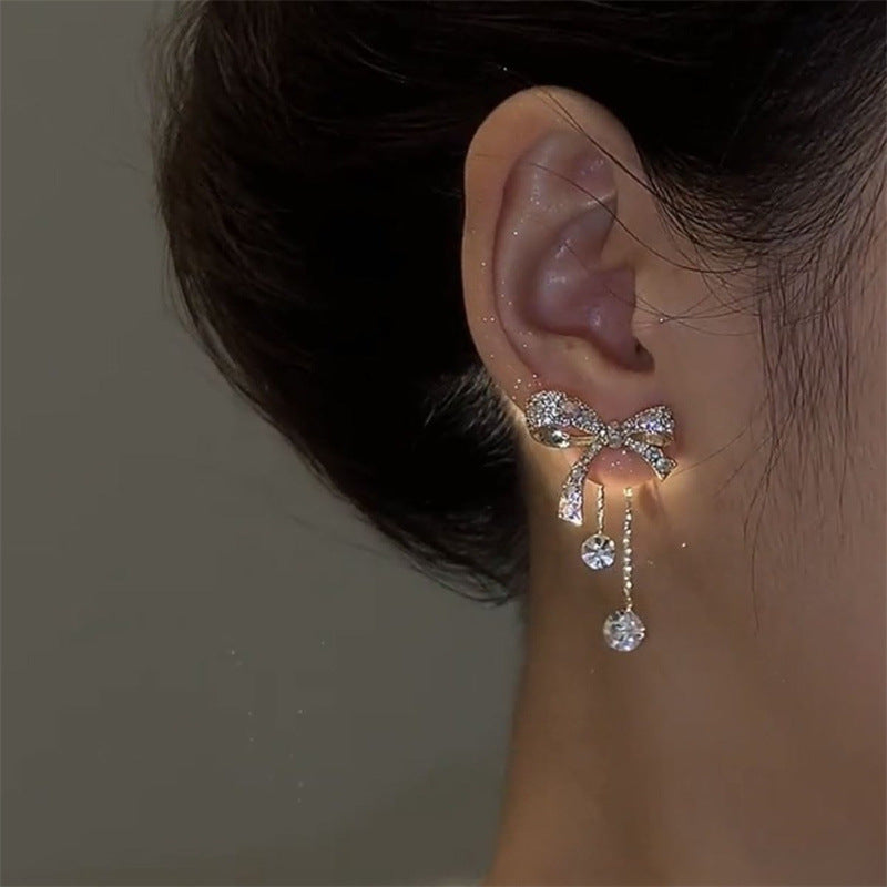 Diamond Bow Light Luxury Rhinestone Long Tassel Temperamental Rings