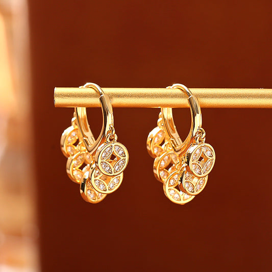 Five Coins Duo Copper Plated Real Gold Shiny Zircon Female Earrings