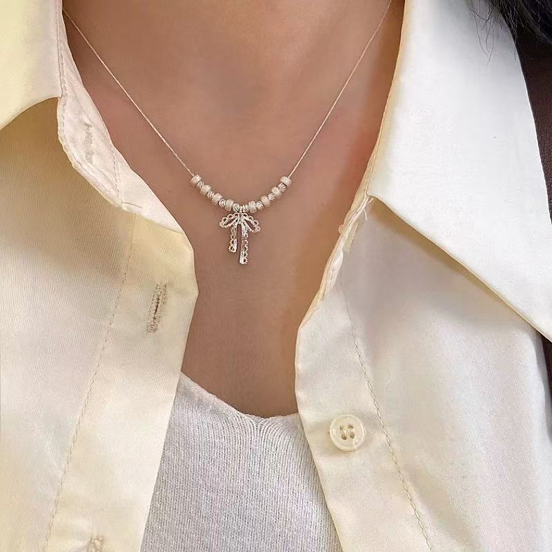 Women's Sier Lucky Beads Bowknot Clavicle Chain Light Luxury Minority High-grade Necklace