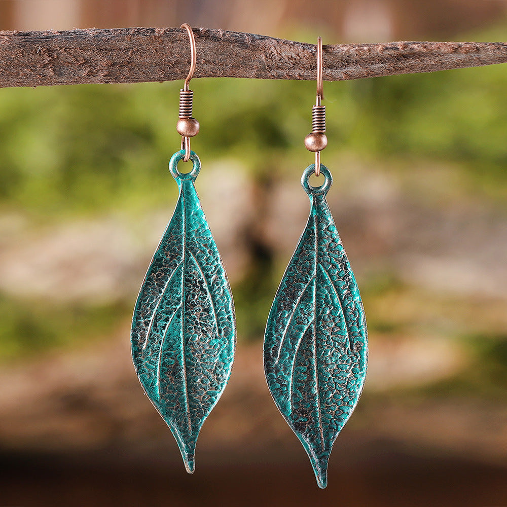 Ancient Blue Leaf-shaped Distressed Leaf Vintage Court Style Simple Stud Earrings