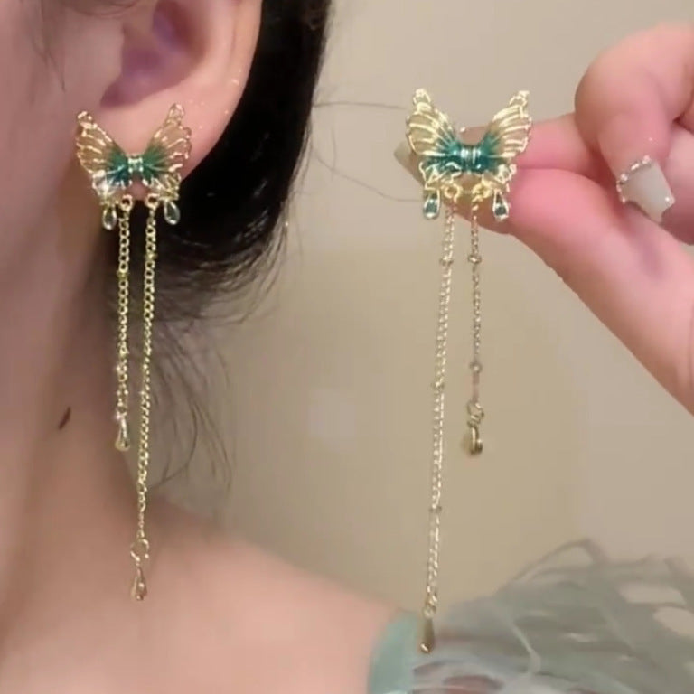 Chinese Retro Green Butterfly Tassel Electroplated Sier Needle Stud Earrings