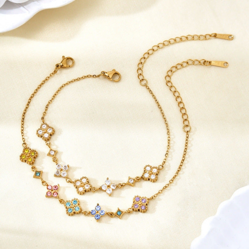 Sweet Diamond Mounted Colorful Lucky Four-leaf Flower Female Minority Simple Bracelet