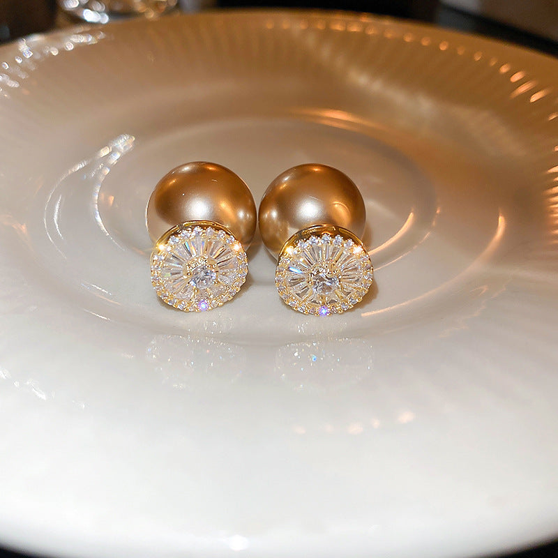 French Flash Zircon Flower Pearl Light Luxury Earrings