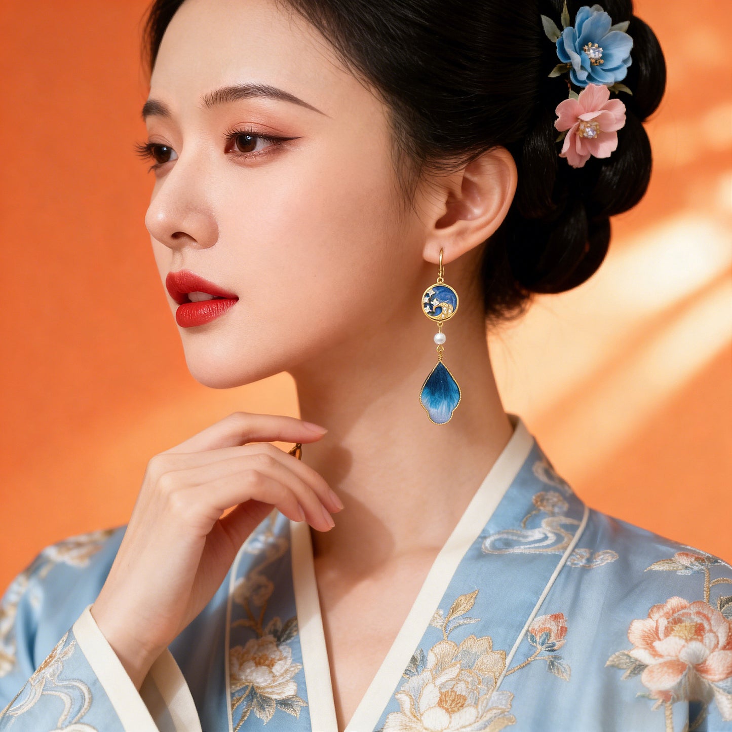 Women's Chinese Style Flower National Traditional Handmade Cloisonne Silk Ear Hook Rings